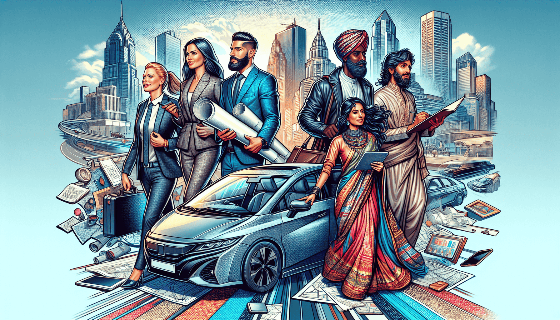 Illustration of a group of diverse employees using a pool car for business purposes